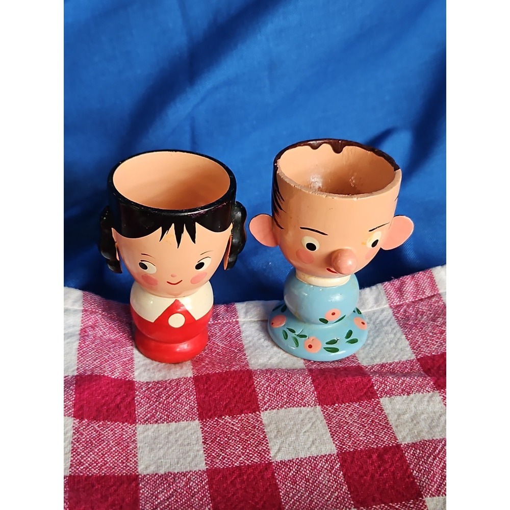 2 Wooden Egg Cups BOY GIRL Handmade Italy Sevi Vintage 1950s Hand Painted